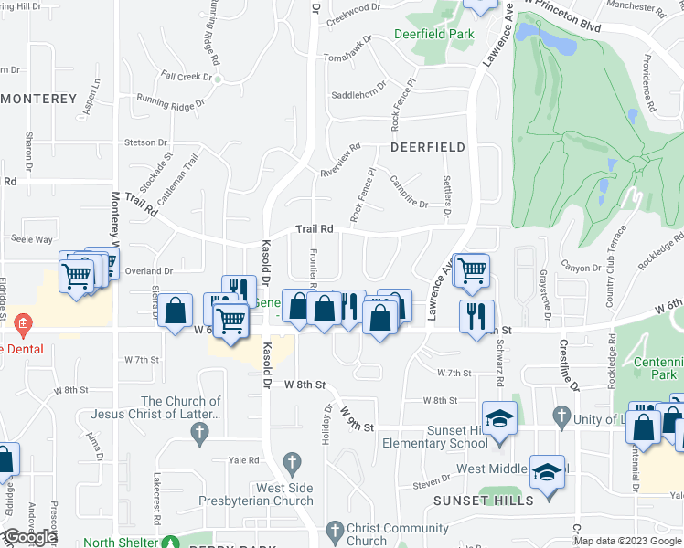 map of restaurants, bars, coffee shops, grocery stores, and more near 3220 Mesa Way in Lawrence