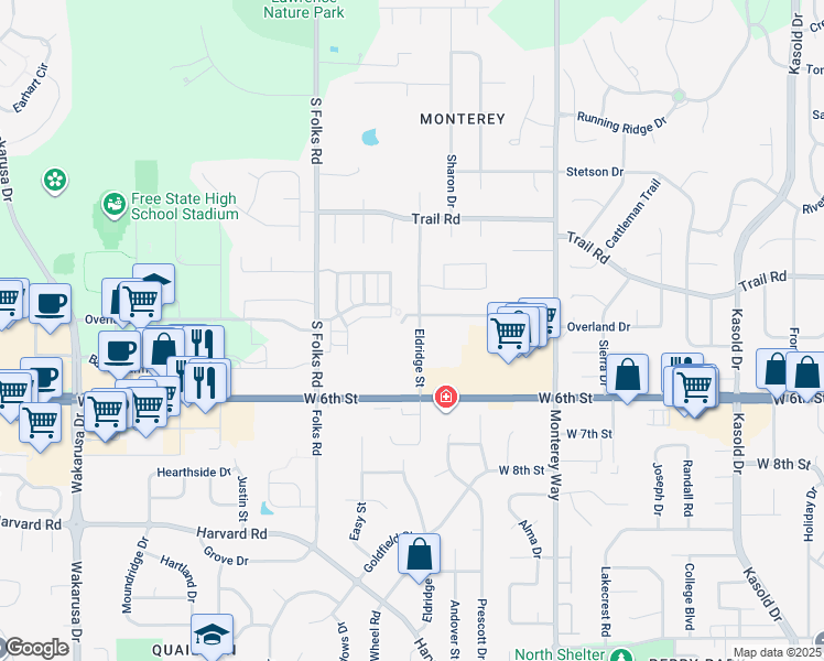 map of restaurants, bars, coffee shops, grocery stores, and more near 523 Eldridge Street in Lawrence