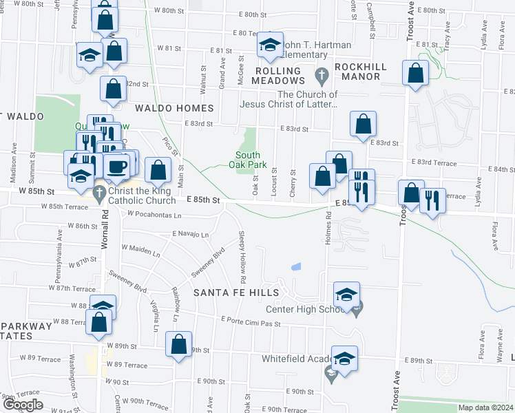 map of restaurants, bars, coffee shops, grocery stores, and more near 401 East 85th Street in Kansas City