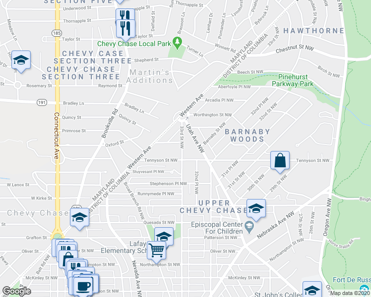 map of restaurants, bars, coffee shops, grocery stores, and more near 6315 33rd Street Northwest in Washington