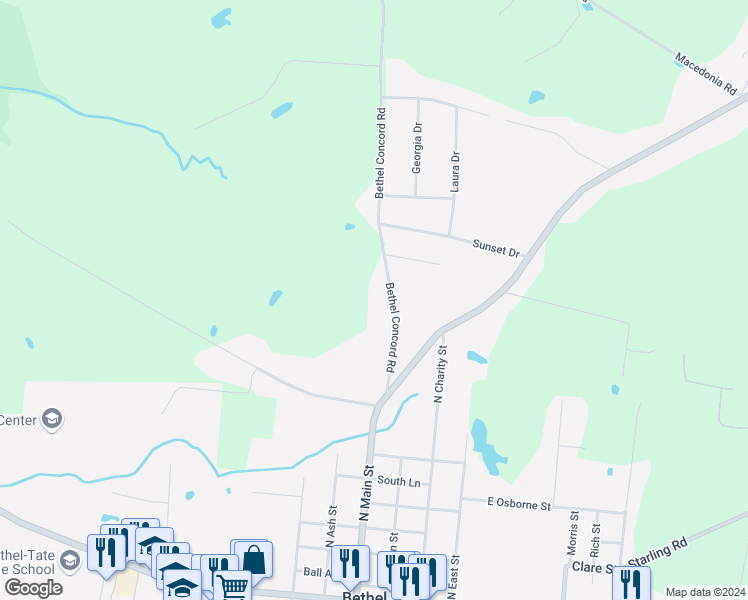 map of restaurants, bars, coffee shops, grocery stores, and more near 411 Bethel Concord Road in Bethel