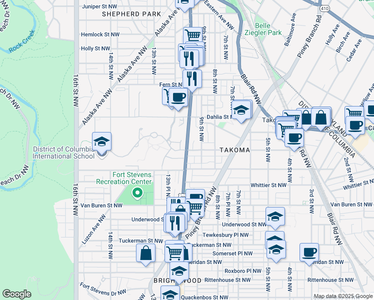map of restaurants, bars, coffee shops, grocery stores, and more near Georgia Avenue Northwest & Butternut Street Northwest in Washington