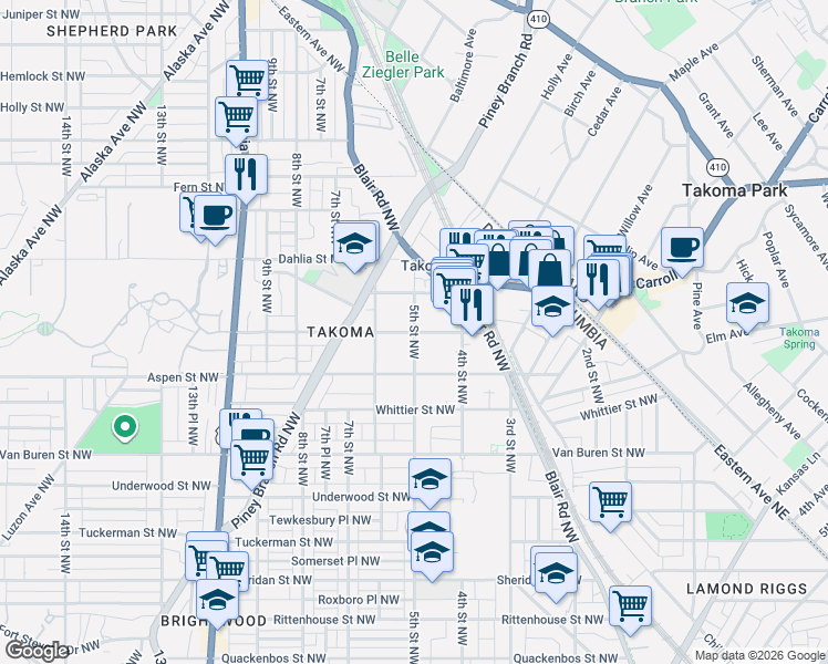 map of restaurants, bars, coffee shops, grocery stores, and more near 5th Street Northwest & Butternut Street Northwest in Washington