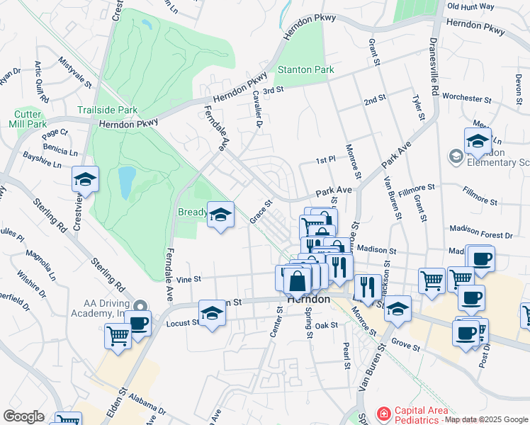 map of restaurants, bars, coffee shops, grocery stores, and more near 139 Fortnightly Boulevard in Herndon