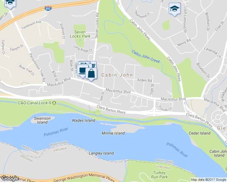 map of restaurants, bars, coffee shops, grocery stores, and more near MacArthur Blvd & Wishbone Terrace in Cabin John