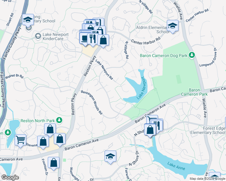map of restaurants, bars, coffee shops, grocery stores, and more near 1258 Vintage Pl in Reston