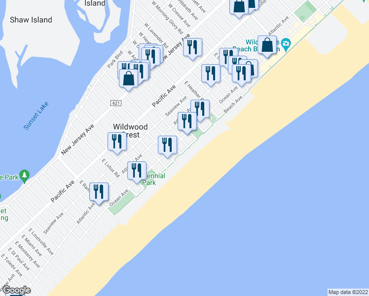 map of restaurants, bars, coffee shops, grocery stores, and more near 6211 Ocean Avenue in Wildwood Crest