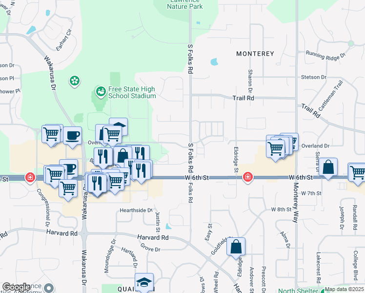 map of restaurants, bars, coffee shops, grocery stores, and more near 4430 Bauer Farm Drive in Lawrence