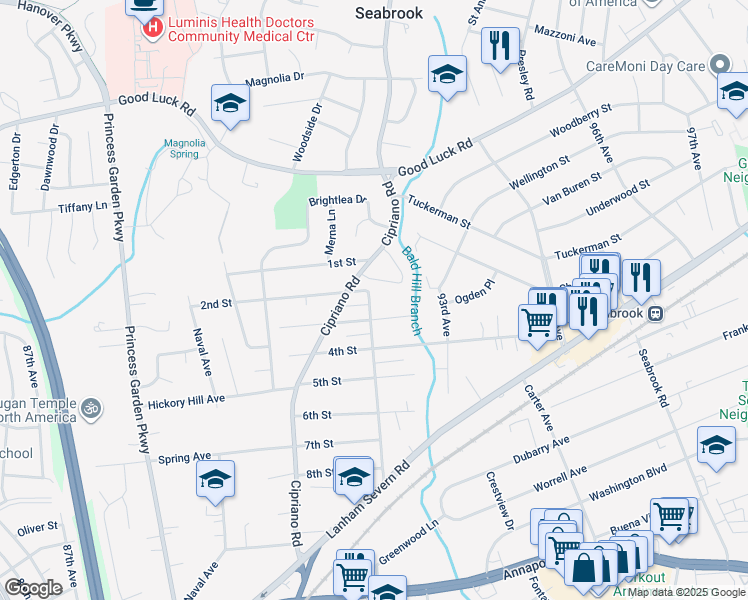 map of restaurants, bars, coffee shops, grocery stores, and more near 6305 Main Street in Lanham