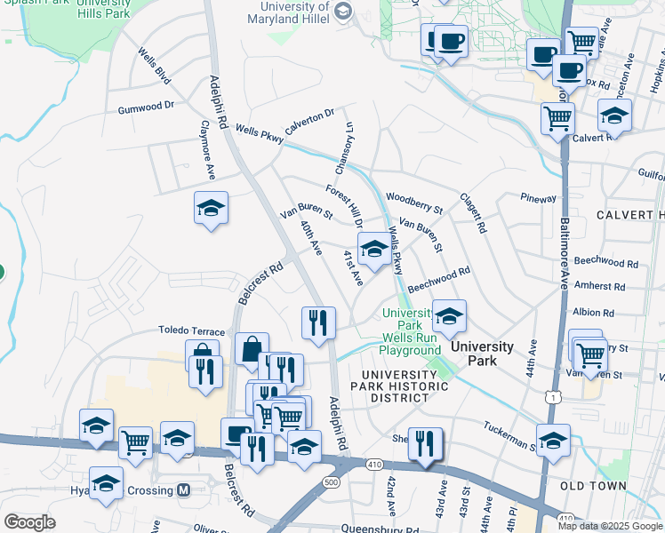 map of restaurants, bars, coffee shops, grocery stores, and more near 6805 40th Avenue in University Park