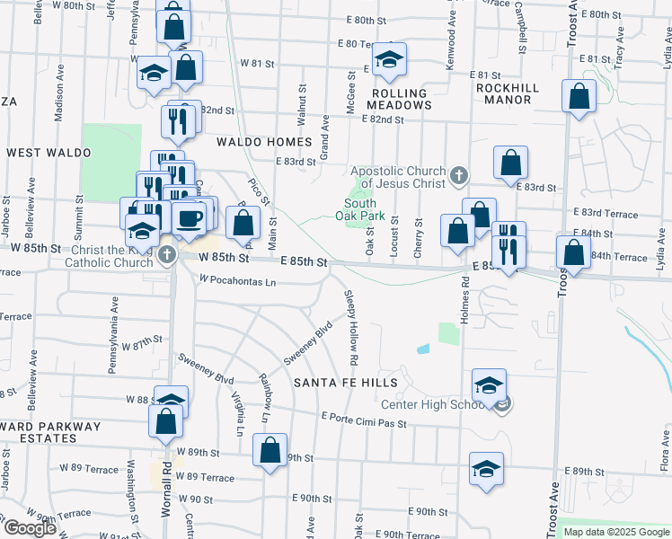 map of restaurants, bars, coffee shops, grocery stores, and more near 8519 Sleepy Hollow Road in Kansas City