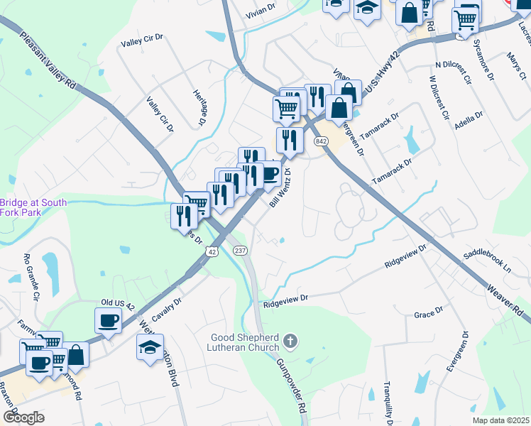 map of restaurants, bars, coffee shops, grocery stores, and more near Bill Wentz Drive in Florence