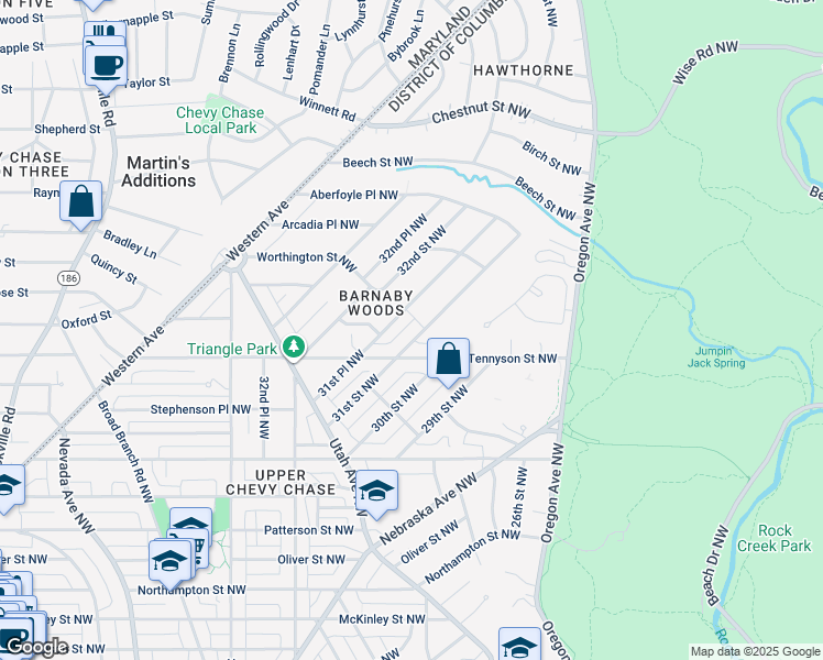 map of restaurants, bars, coffee shops, grocery stores, and more near 6330 31st Street Northwest in Washington
