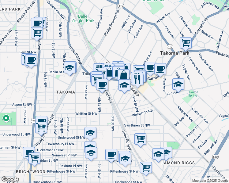map of restaurants, bars, coffee shops, grocery stores, and more near 218 Vine Street Northwest in Washington