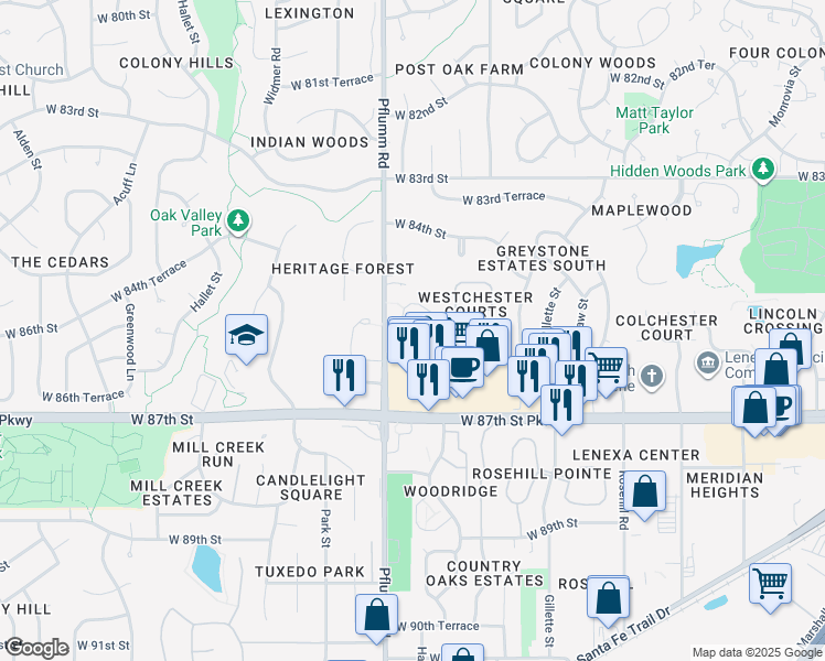 map of restaurants, bars, coffee shops, grocery stores, and more near 8519 Pflumm Road in Lenexa
