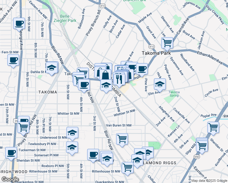 map of restaurants, bars, coffee shops, grocery stores, and more near 6896 Laurel Street Northwest in Washington