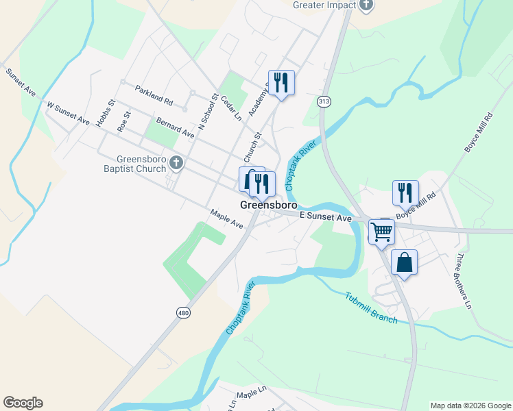 map of restaurants, bars, coffee shops, grocery stores, and more near in Greensboro