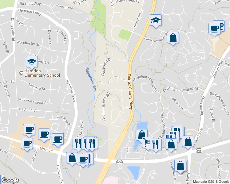 map of restaurants, bars, coffee shops, grocery stores, and more near 12143 Purple Sage Court in Reston