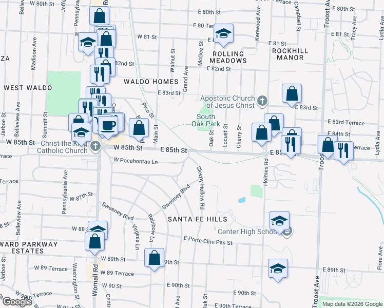 map of restaurants, bars, coffee shops, grocery stores, and more near 8519 Sleepy Hollow Road in Kansas City