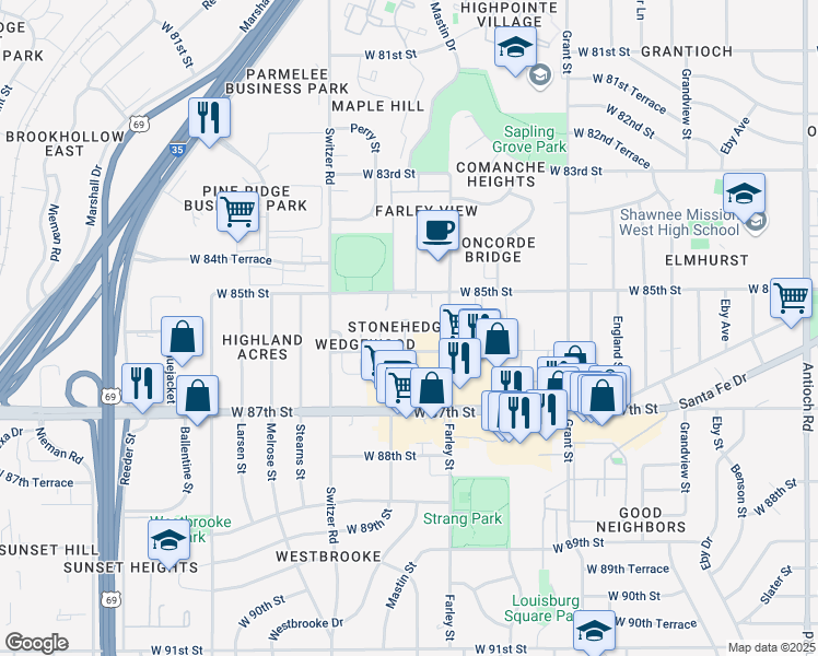 map of restaurants, bars, coffee shops, grocery stores, and more near 8572 Wedd Street in Overland Park