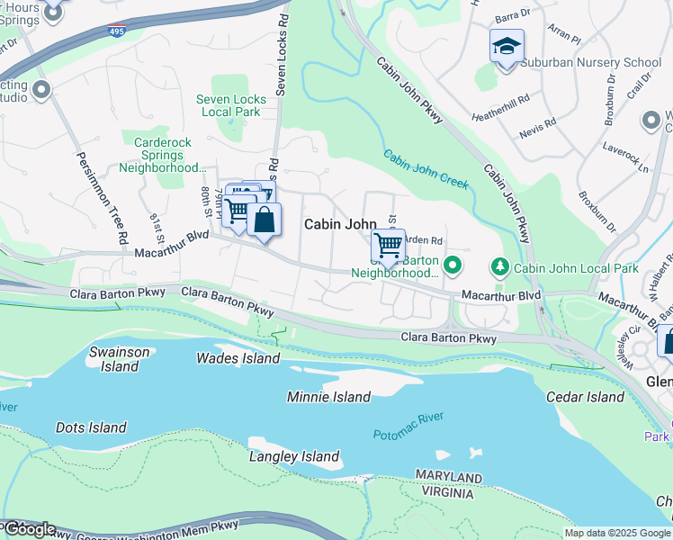 map of restaurants, bars, coffee shops, grocery stores, and more near 7687 Macarthur Boulevard Northwest in Cabin John