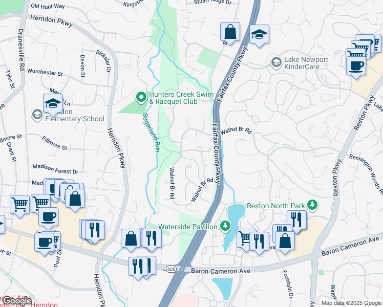map of restaurants, bars, coffee shops, grocery stores, and more near 12143 Purple Sage Court in Reston