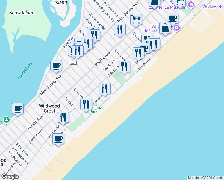 map of restaurants, bars, coffee shops, grocery stores, and more near 6211 Ocean Avenue in Wildwood Crest
