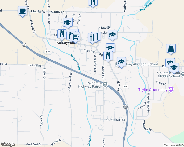 map of restaurants, bars, coffee shops, grocery stores, and more near 5495 5th Street in Kelseyville
