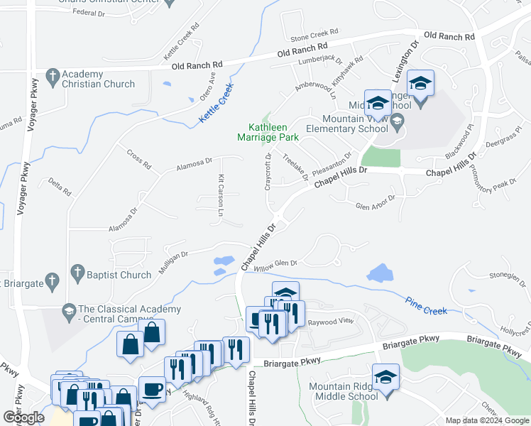 map of restaurants, bars, coffee shops, grocery stores, and more near 2324 Craycroft Drive in Colorado Springs