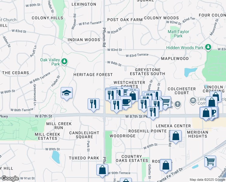 map of restaurants, bars, coffee shops, grocery stores, and more near 8519 Pflumm Road in Lenexa