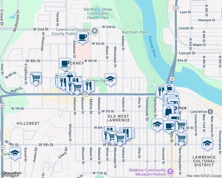 map of restaurants, bars, coffee shops, grocery stores, and more near 810 West 6th Street in Lawrence