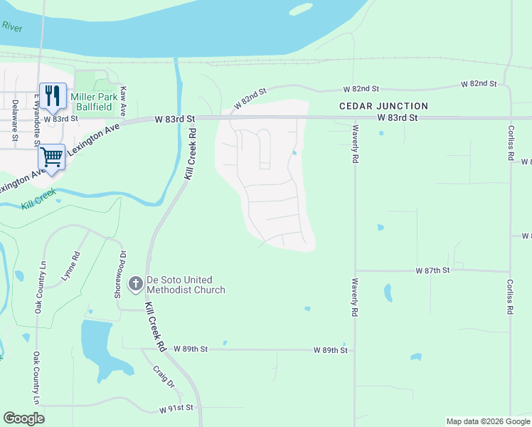 map of restaurants, bars, coffee shops, grocery stores, and more near 31475 West 83rd Street in De Soto