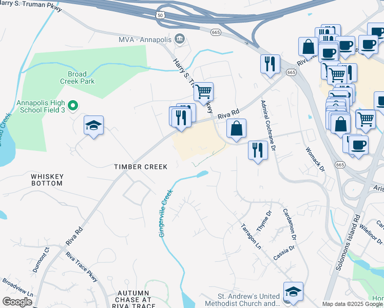 map of restaurants, bars, coffee shops, grocery stores, and more near 2635 Riva Road in Annapolis