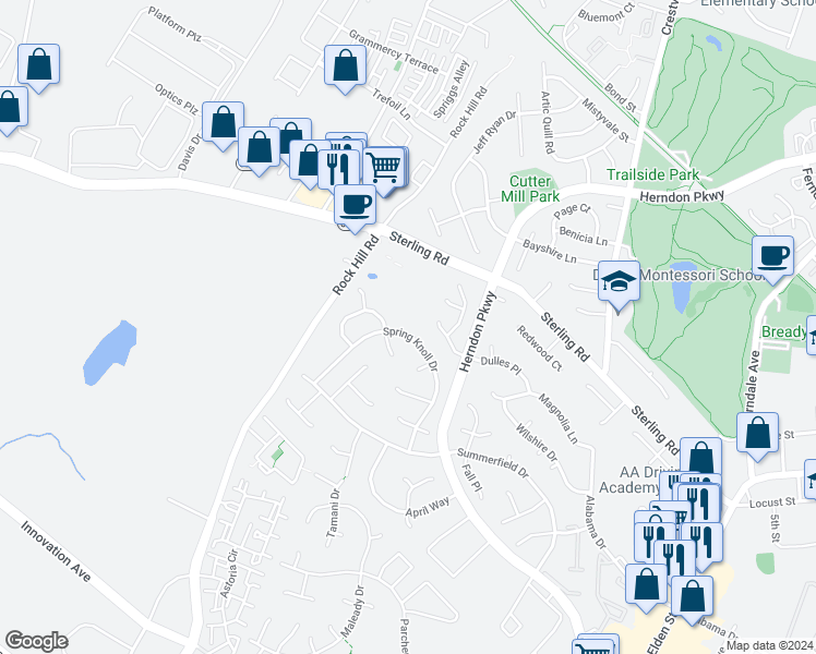 map of restaurants, bars, coffee shops, grocery stores, and more near 846 Spring Knoll Drive in Herndon