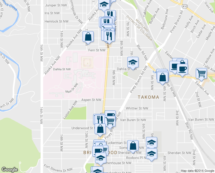 map of restaurants, bars, coffee shops, grocery stores, and more near 921 Butternut Street Northwest in Washington, D.C.