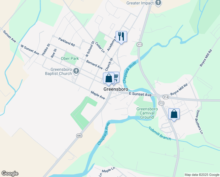 map of restaurants, bars, coffee shops, grocery stores, and more near 109 North Main Street in Greensboro