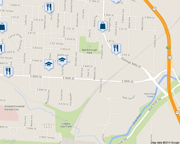 map of restaurants, bars, coffee shops, grocery stores, and more near 8401 Olive Street in Kansas City