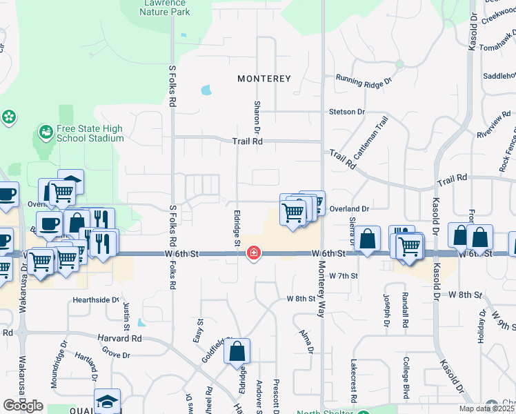 map of restaurants, bars, coffee shops, grocery stores, and more near 4125 Seele Way in Lawrence