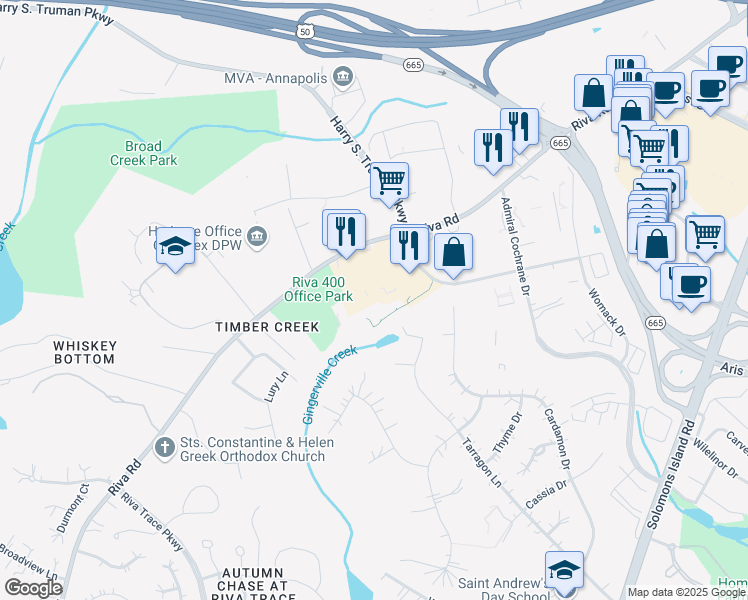 map of restaurants, bars, coffee shops, grocery stores, and more near 2635 Riva Road in Annapolis