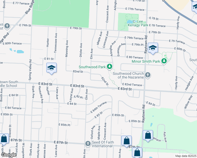 map of restaurants, bars, coffee shops, grocery stores, and more near 9304 82nd Street in Raytown