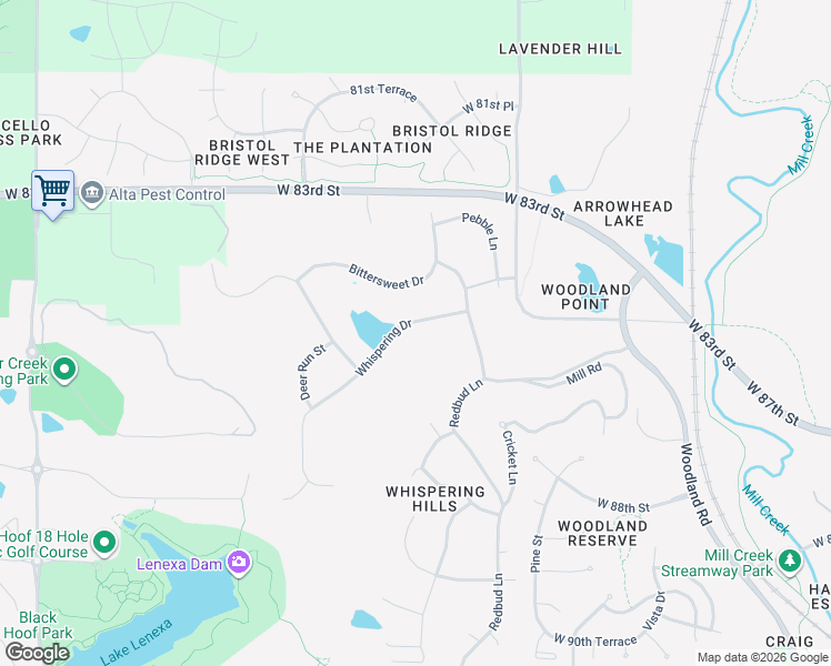 map of restaurants, bars, coffee shops, grocery stores, and more near 21100 Whispering Drive in Lenexa