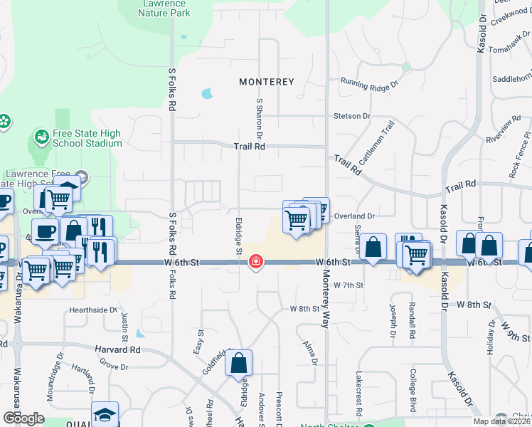 map of restaurants, bars, coffee shops, grocery stores, and more near 4125 Seele Way in Lawrence
