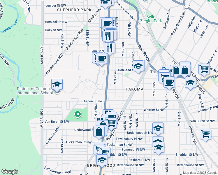 map of restaurants, bars, coffee shops, grocery stores, and more near 921 Butternut Street Northwest in Washington