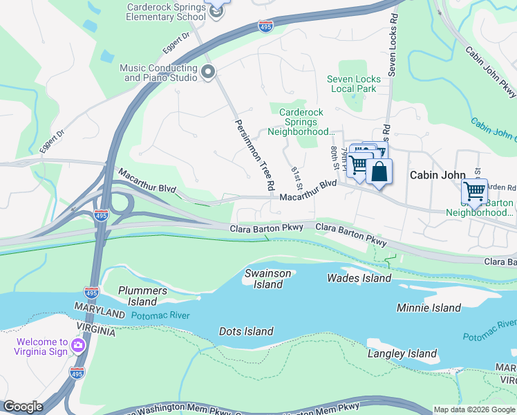 map of restaurants, bars, coffee shops, grocery stores, and more near 6409 82nd Place in Cabin John