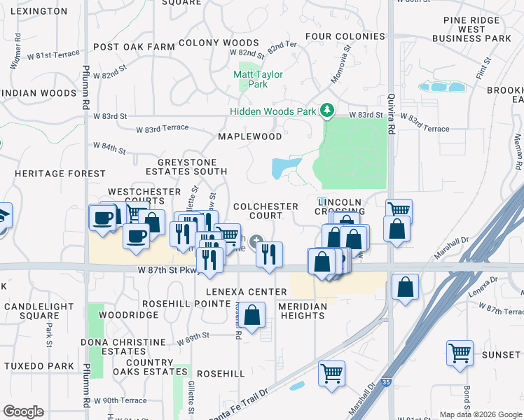 map of restaurants, bars, coffee shops, grocery stores, and more near 12512 West 85th Terrace in Lenexa