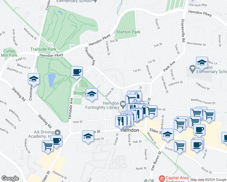 map of restaurants, bars, coffee shops, grocery stores, and more near 205 Meeting House Station Square in Herndon