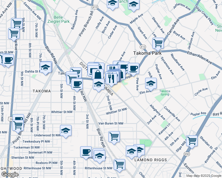 map of restaurants, bars, coffee shops, grocery stores, and more near Eastern Ave NW & Laurel Ave in Takoma Park