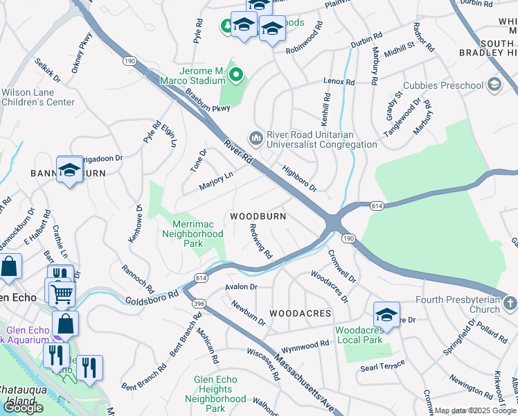 map of restaurants, bars, coffee shops, grocery stores, and more near 6405 Redwing Road in Bethesda