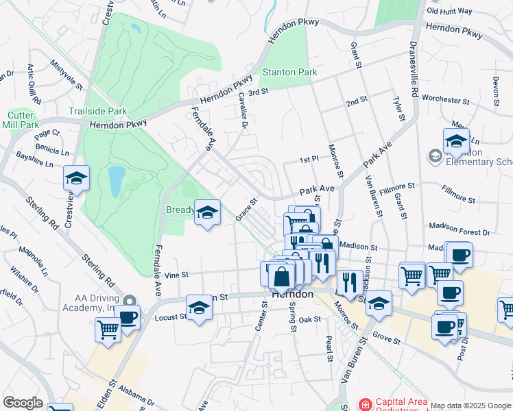 map of restaurants, bars, coffee shops, grocery stores, and more near 205 Meeting House Station Square in Herndon