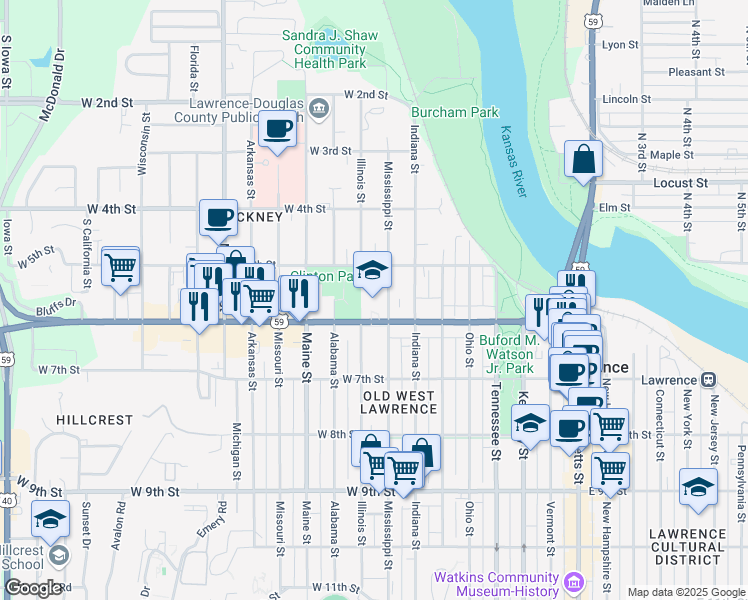 map of restaurants, bars, coffee shops, grocery stores, and more near 810 West 6th Street in Lawrence